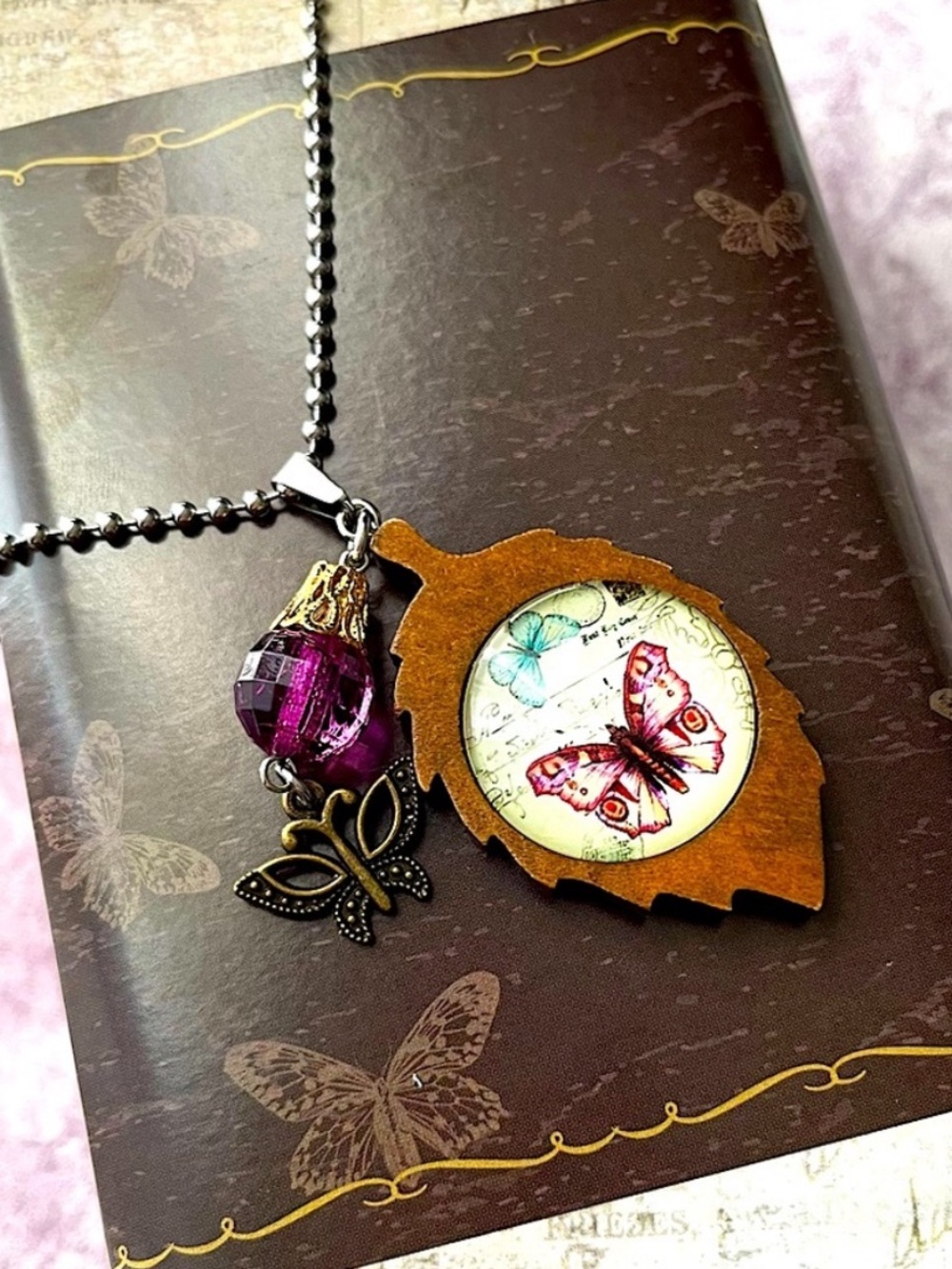 Handcrafted Wooden Leaf Butterfly Necklace Boho Nature Inspired 26” - Picture 4 of 15